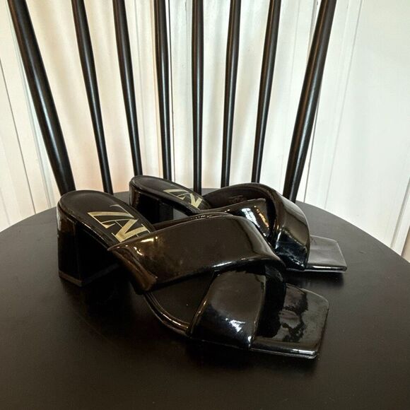 Zara black patent block heel sandals size 6 - Picture 2 of 12